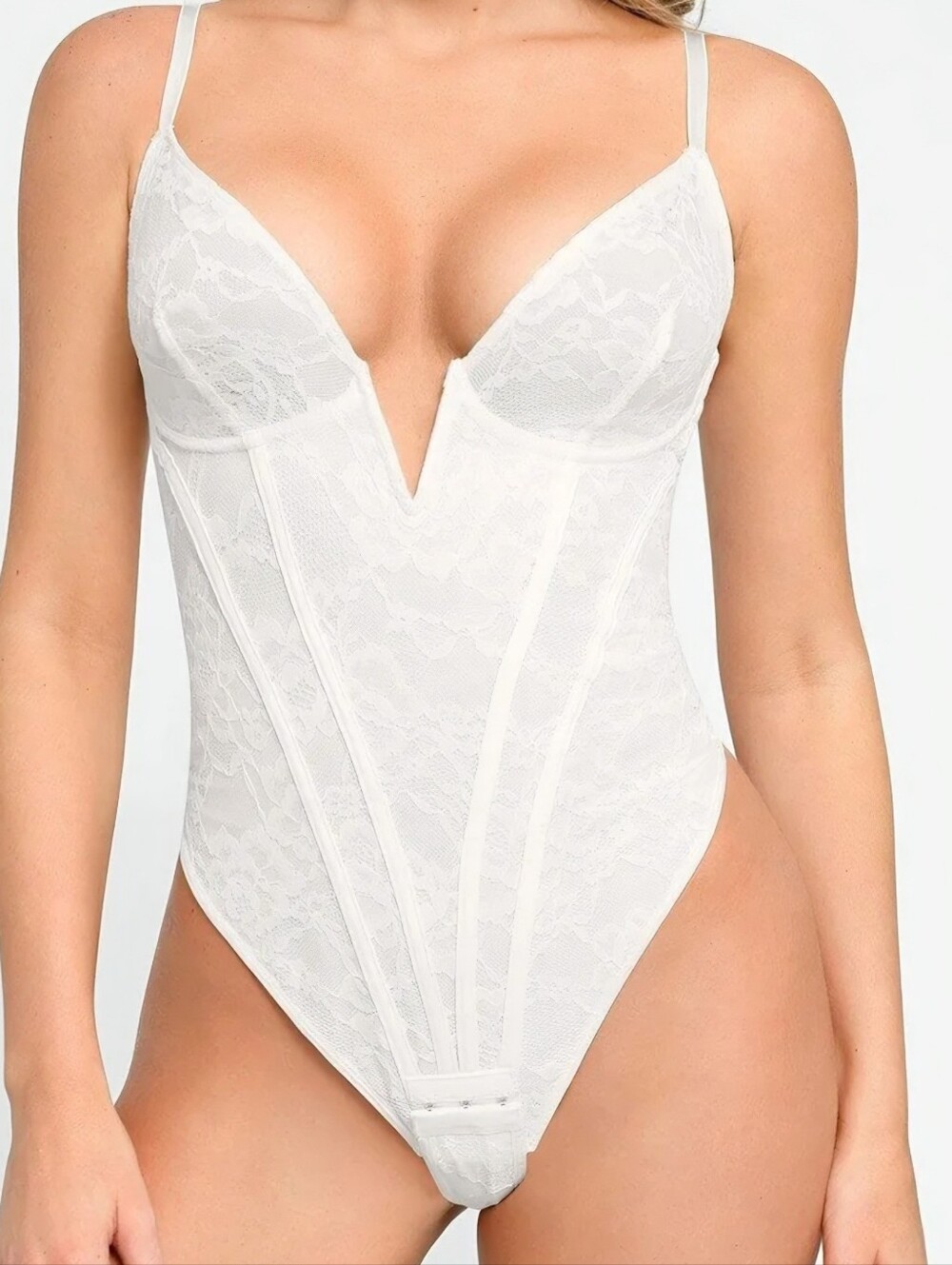 NWT! Popilush White Plunging V-Neck Lace Hourglass Corset Bodysuit SZ M